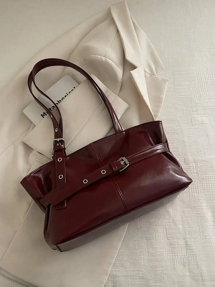 Bolso tote de charol para mujer, bolso de diseñador de gran capacidad, bolso morado, bolsos de hombro de alta calidad para mujer, bolso vintage con asa superior, lujoso, brillante e impermeable, bolso grande burdeos y azul, bolsos de axila, con cremallera, correa de hombro ajustable, para negocios