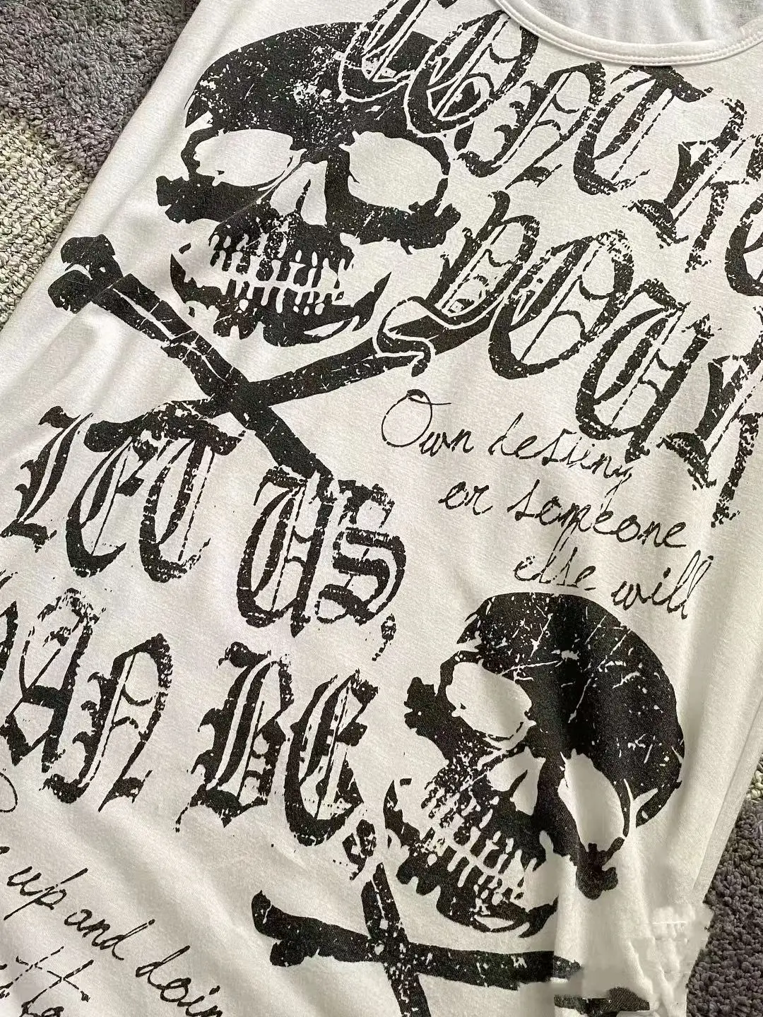 Slim Fit Punk Rock Short Sleeve T-Shirt Women's Korean Style Print Waist-Cinching Summer Black Skull Head Pure Desire Top