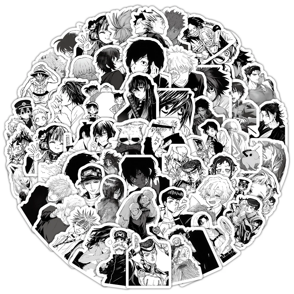100PCS Black and White Anime Mixed Demon Slayer ONEPIECE Jujutsu Kaisen Graffiti Stickers for Helmet Bicycle Hand Account