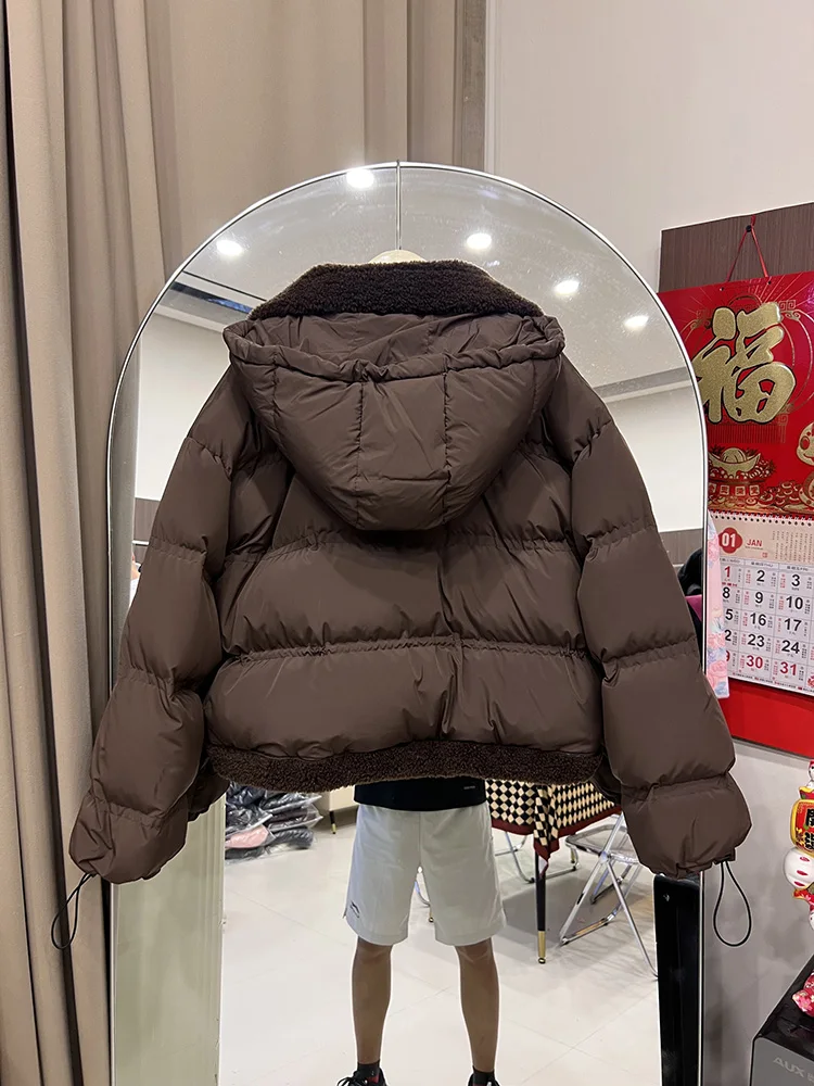 2025, neue Lamm-Daunenjacke für Damen, kurzer Stil, koreanische Ausgabe, Kapuzenpullover, abnehmbar, locker, modisch, vielseitig, weiße Entendaunenmantel