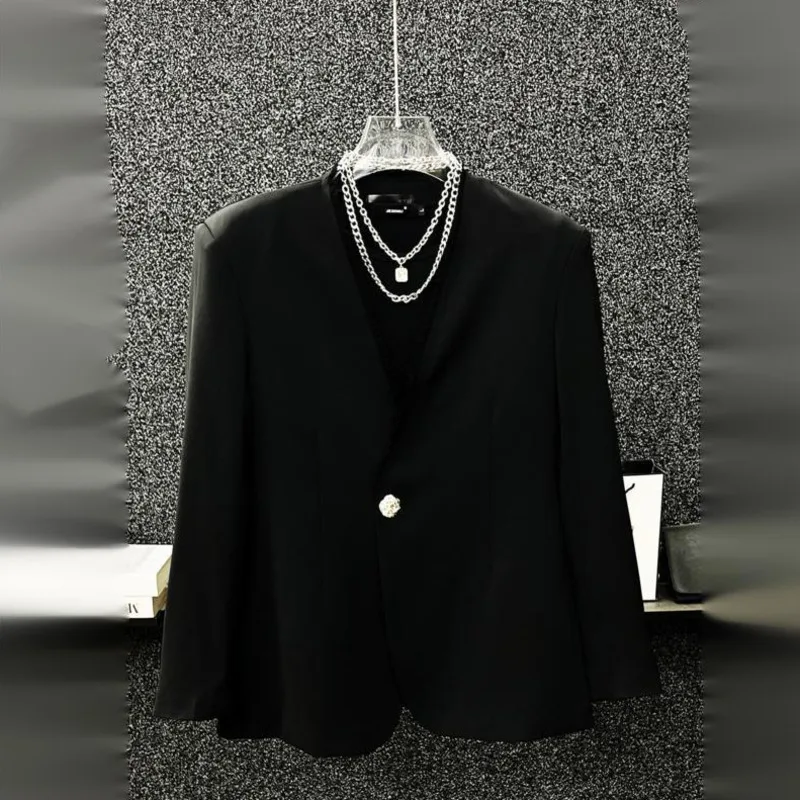 WVGA Spring New Man Light Luxury V-Neck Frayed Edge Trendy Blazers Niche Chic Casual Korean Style Shoulder Padded Jackets W21391