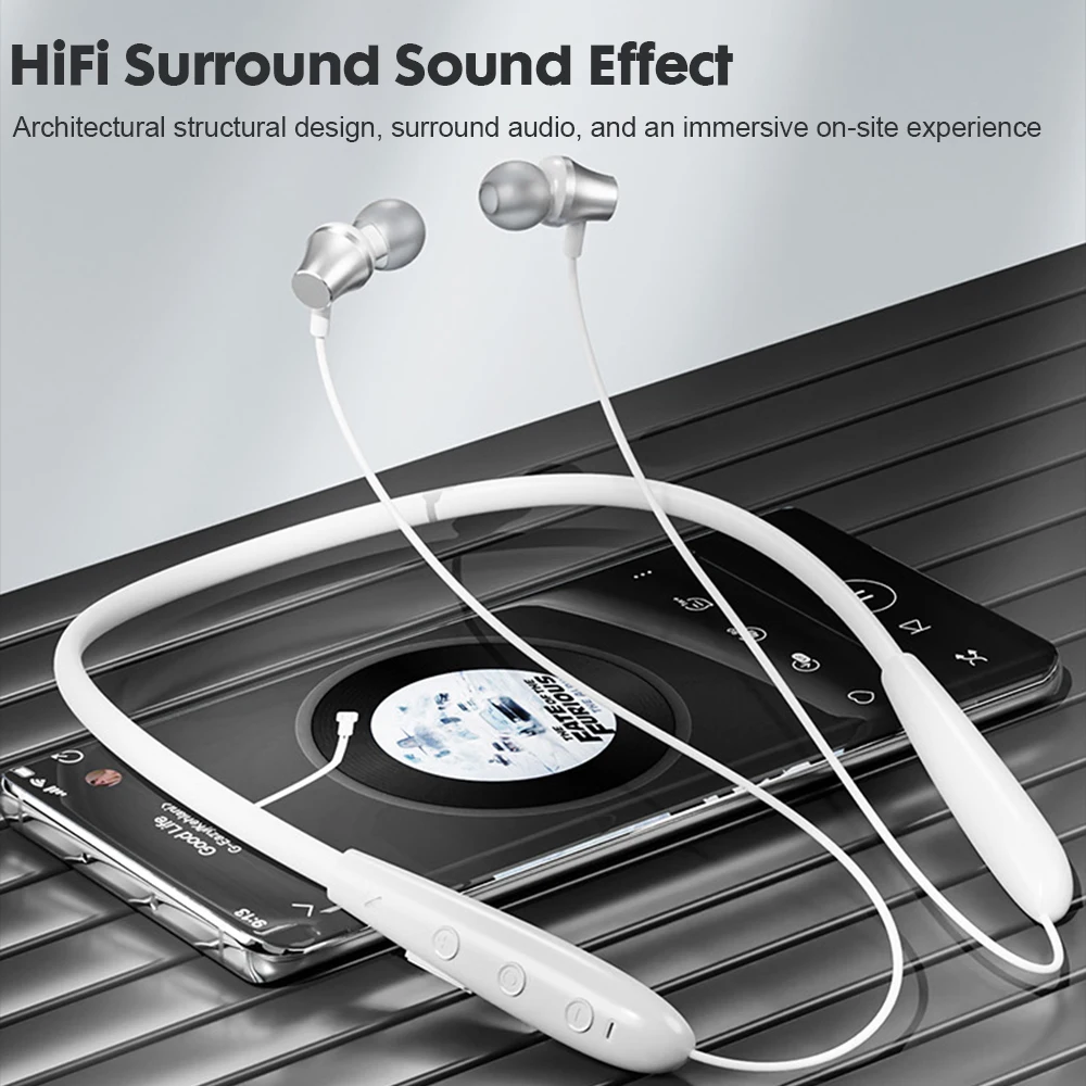 KAMYU หูฟังไร้สายบลูทูธ 5.3 สายคล้องคอแม่เหล็กหูฟังเสียงไฮไฟชุดหูฟังสเตอริโอไร้สายกีฬาหูฟังพร้อมไมโครโฟน