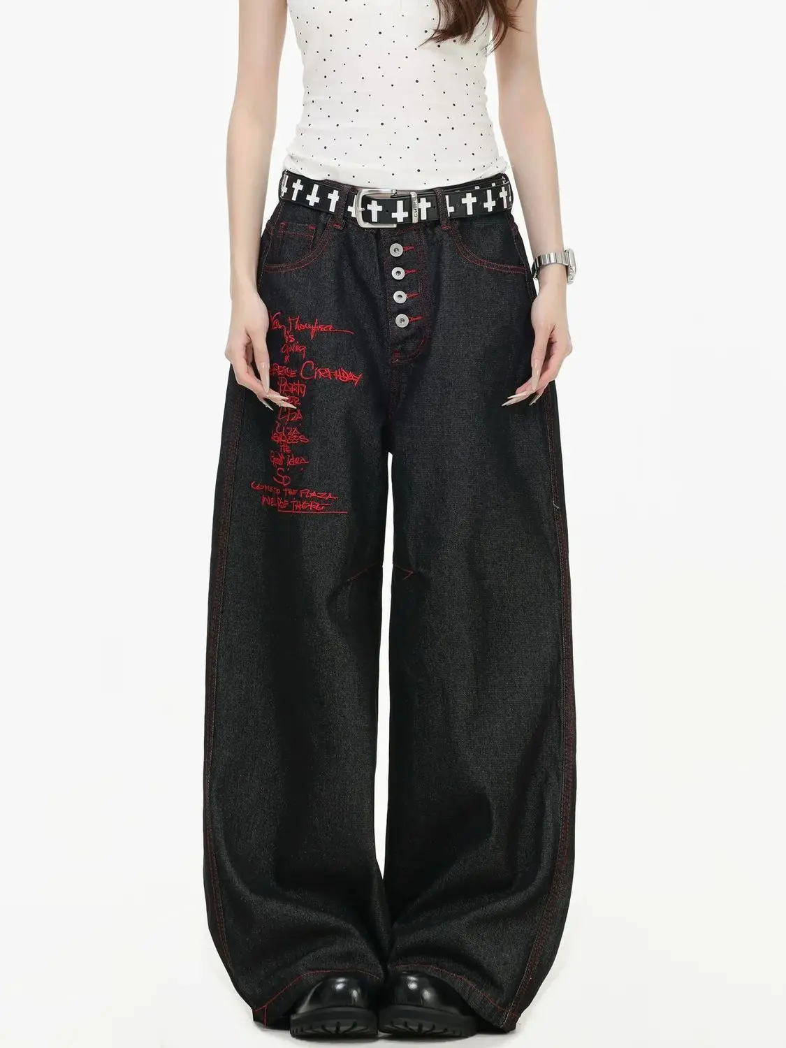 Women's Letter Embroidery Single Row Button Jeans Cool Girl Bottoms Casual Wide Leg Denim Pants Female High Waist Baggy Trousers