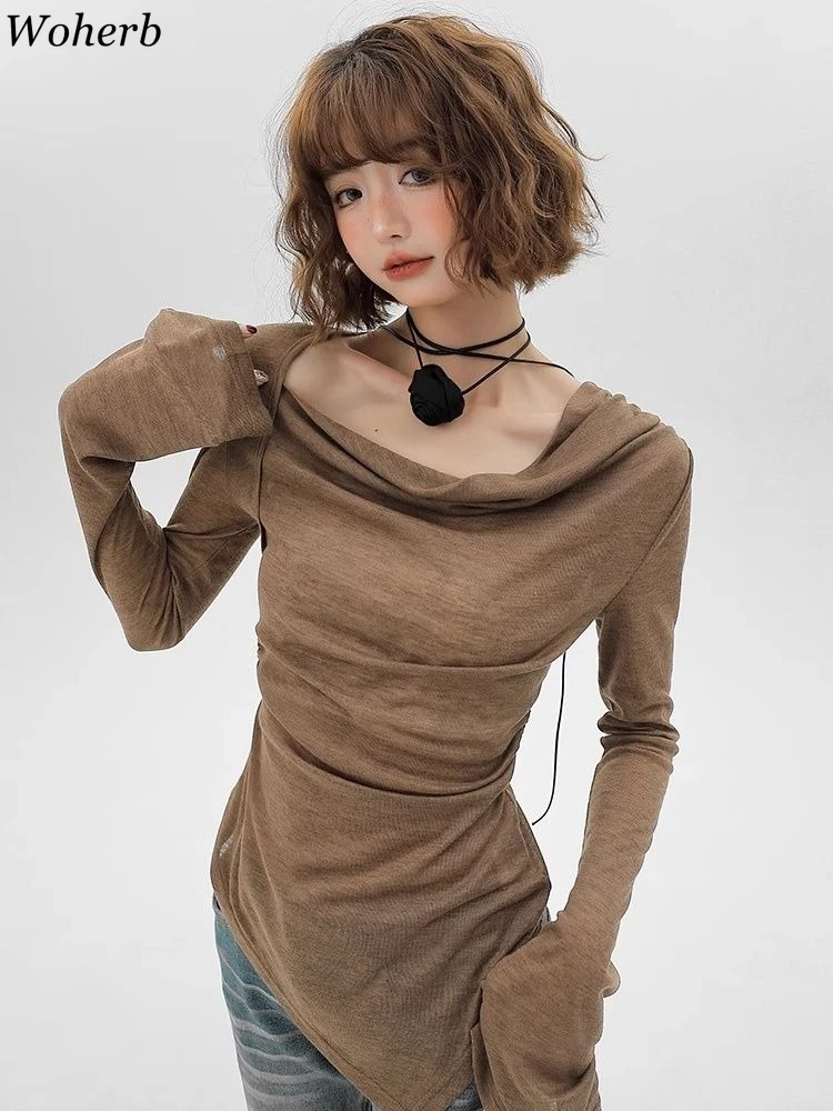 

Y2k туника с разрезом на шее, однотонная футболка для женщин, сексуальные плиссированные футболки нестандартной формы, 2021, Ropa Mujer, темпераментные корейские топы с расклешенными рукавами