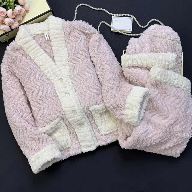 

Women's New Pajamas Loungewear Female Student Autumn Winter Plush Cardigan Double Pocket Keep Warm Girl Homewear Two Piece Set
