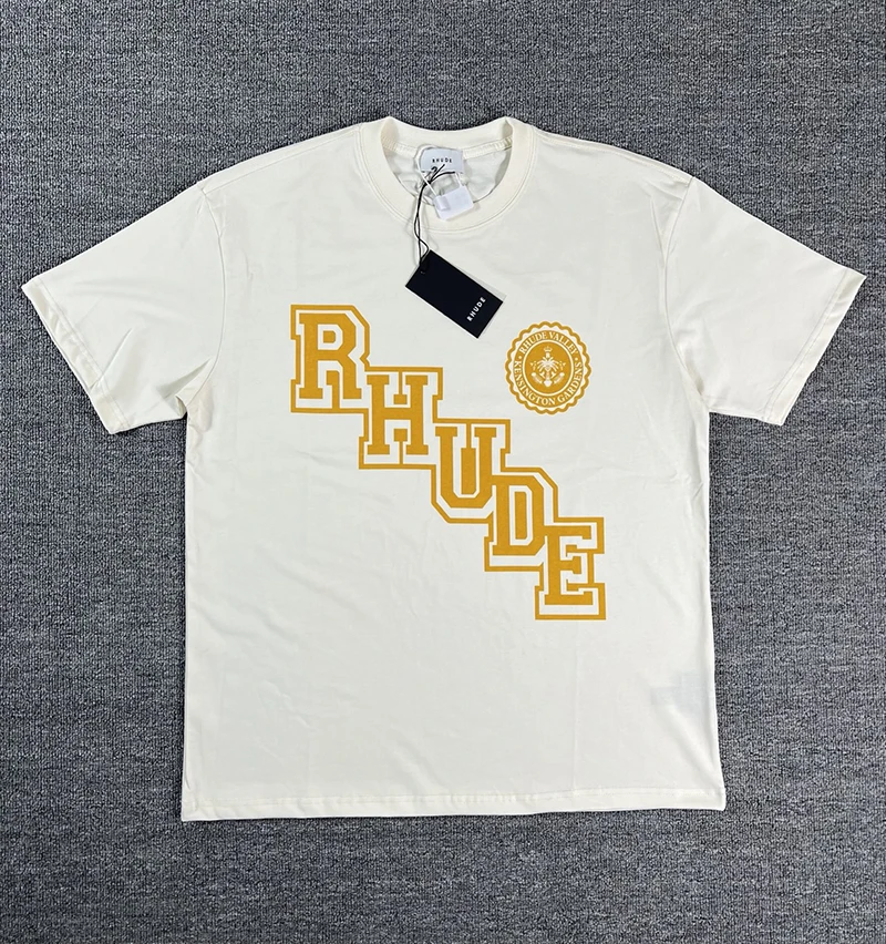 Fashion New RHUDE Black Men's T-Shirt Logo Crest Print Casual Short Sleeve Crew Neck Tee Top Fast Delivery
