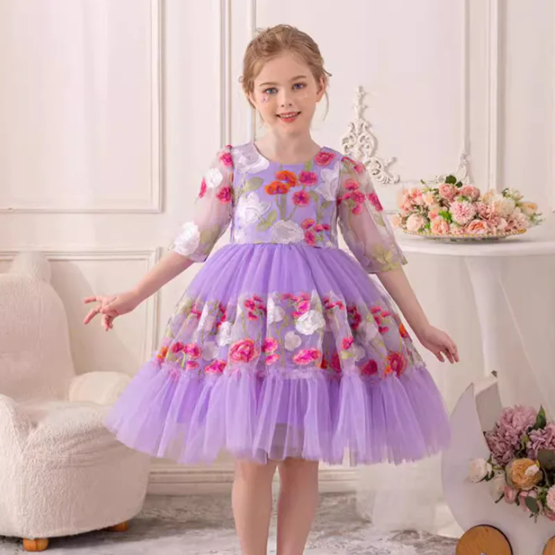 

Girls' Mesh Dress New Embroidered Flower Half Sleeved Princess Dress Wedding Flower Girl Sweet and Cute Fashionable Party Dress