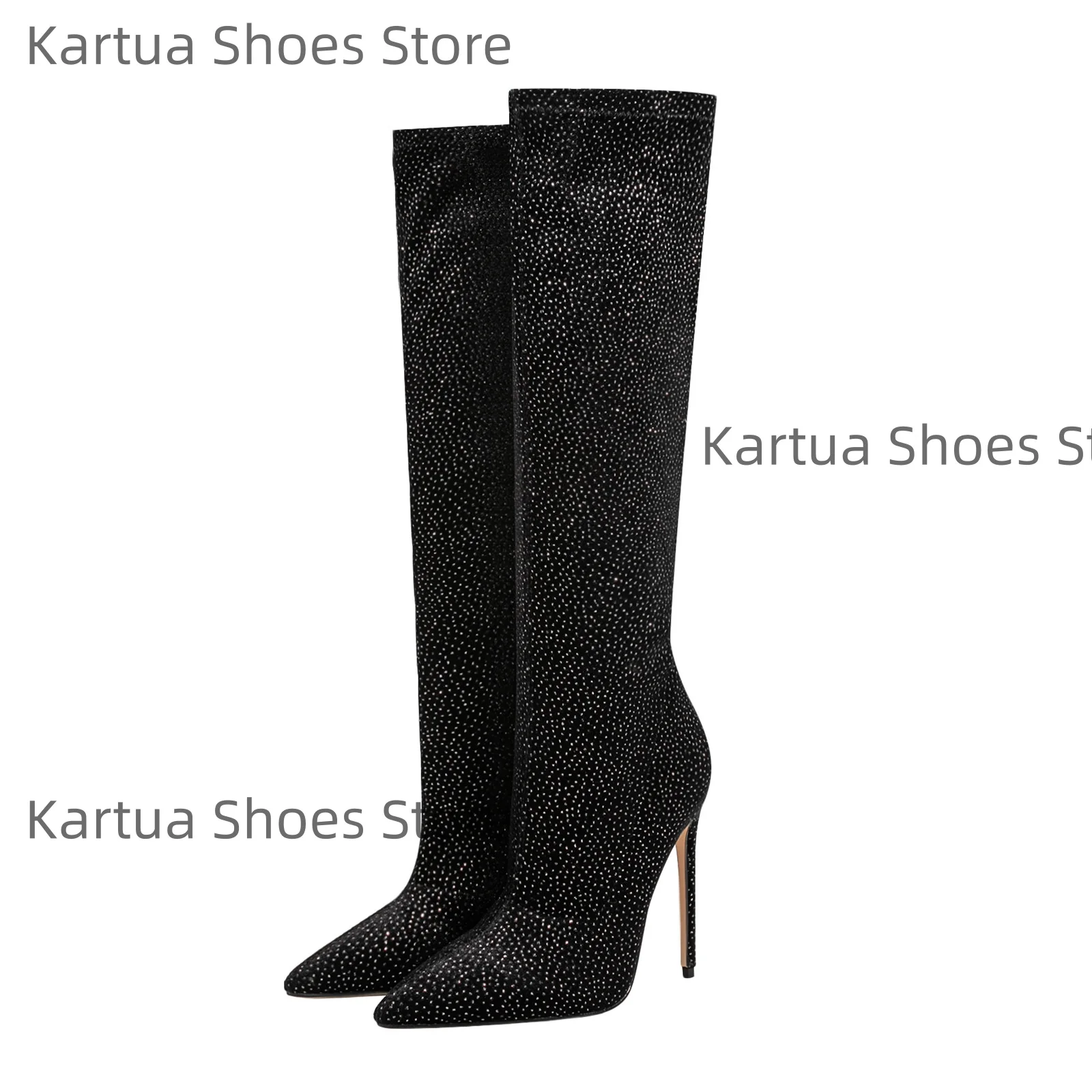 حذاء نسائي أسود مزين بحجر الراين حتى الركبة بمقدمة مدببة وكعب ستيليتو فاخر للحفلات البهجة أنيق للنساء للحفلات #1