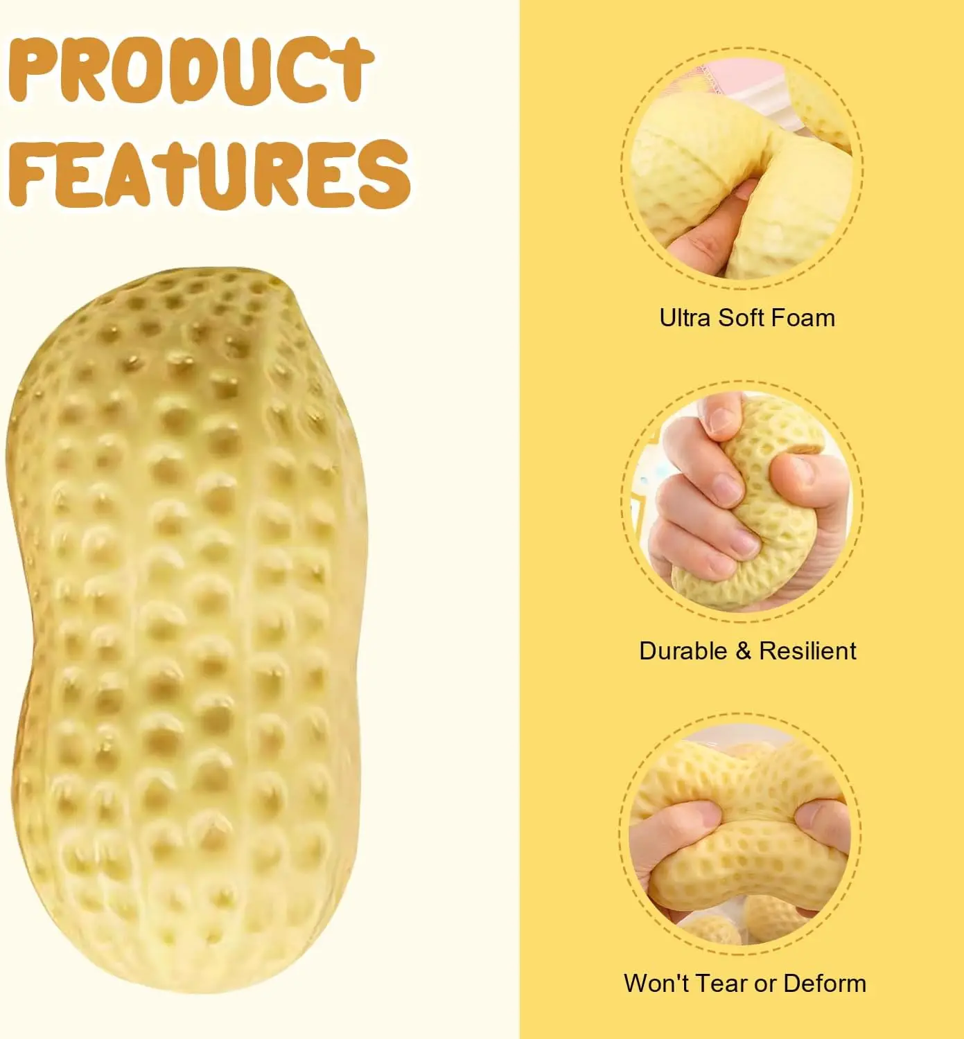 1pcs Peanut Stress Ball Crunchy Squeeze Ball Squishy Toy Buttery-Soft Feel Fidget Gifts Sensory Anti Stress Relief Toy