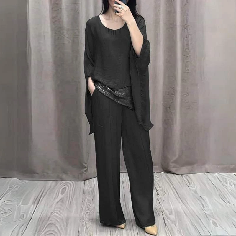 Spring Retro Patchwork Sequin Outfit Women Casual Round Neck Top Pullover & Long Pants Set Summer Batwing Sleeve Loose 2pcs Suit