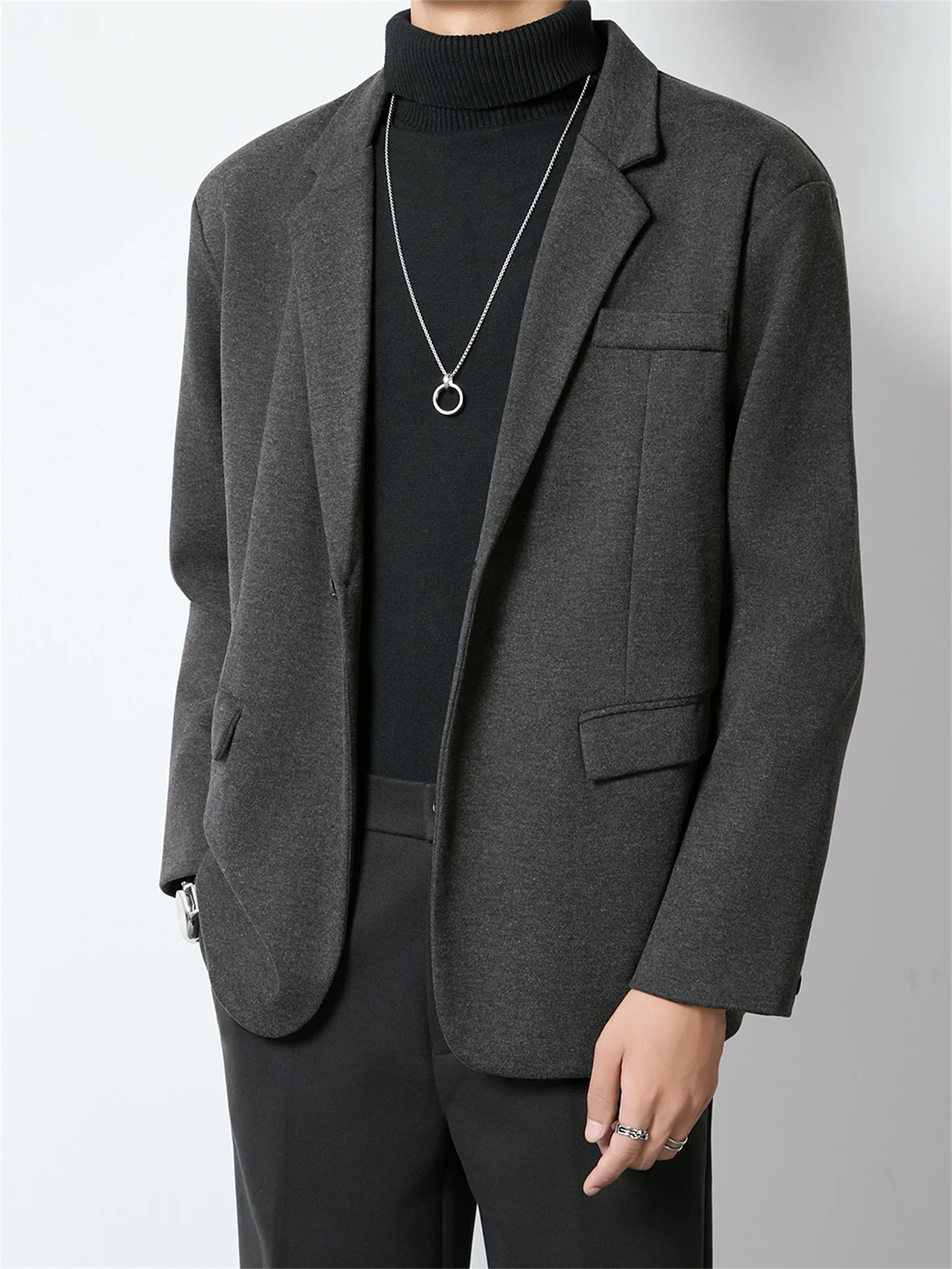 Men Tweed Suit Jacket Spring Autumn Casual Solid Color Lapel One Button Coat Korean Fashion Simple Commuting Male Blazer