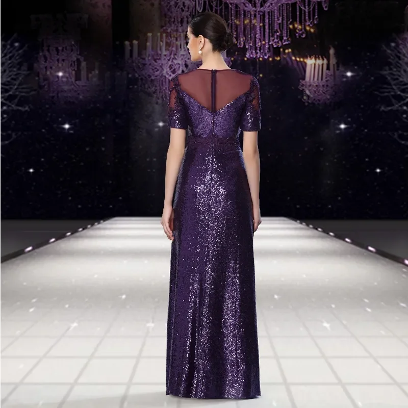 2024 Sexy V-Neck Shining Sequins Purple Mother of the Bride Dresses Zipper Back Short Sleeveless Sweep Train Prom Gowns