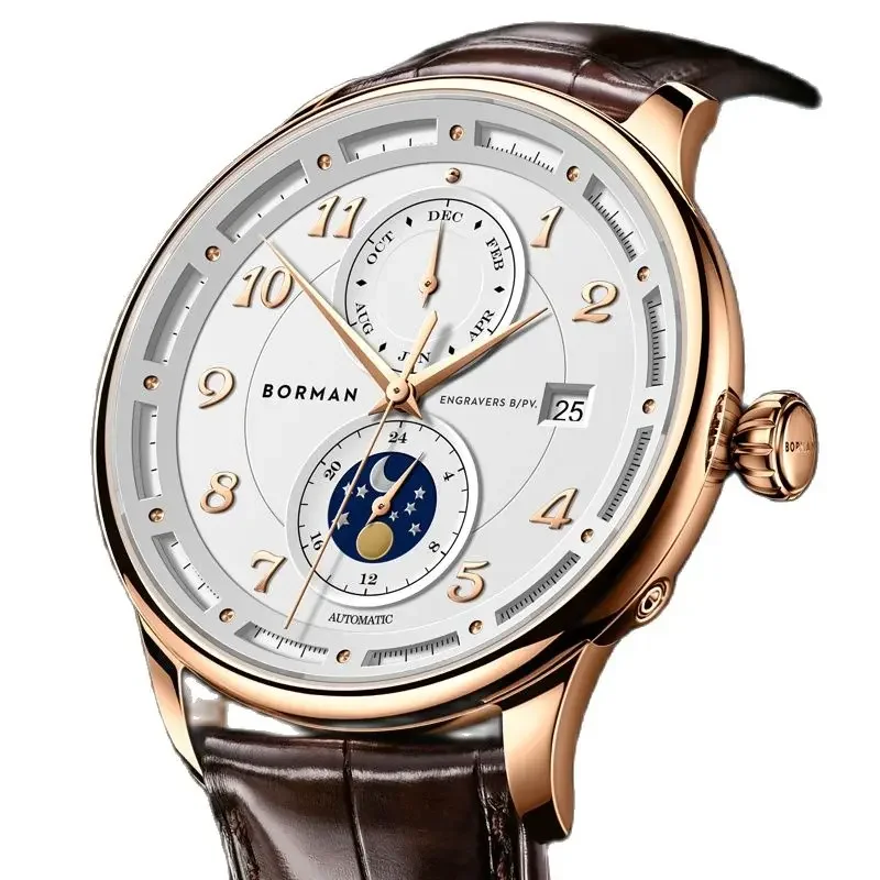 BORMAN Luxury Brand  Seagull Automatic Mechanical Men's Watches Sapphire Multi-function Waterproof Moon Phase Male Clocks BM3869