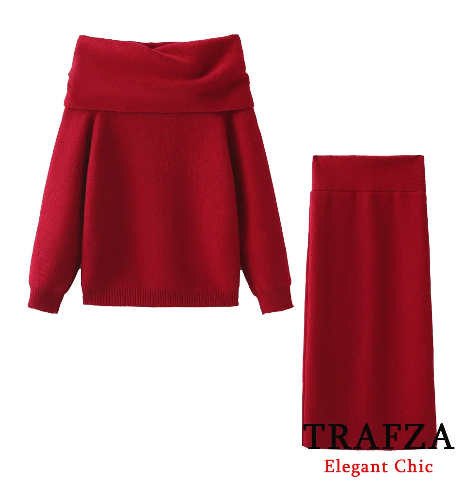 

TRAFZA-Women Elegant Sweater Set Off-the-shoulder Sweater+Midi Hip Skirt New 2025 Fashion Spring Fall Romantic Red Knitted Set
