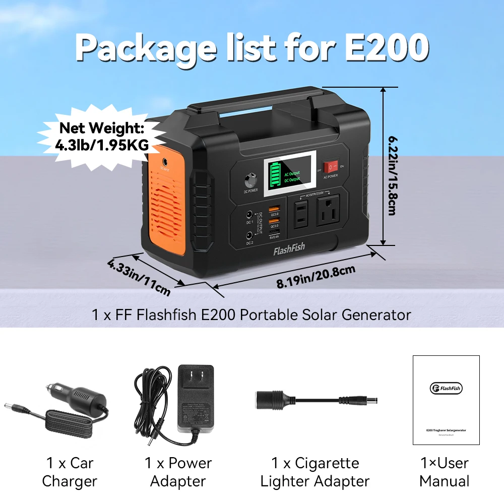 Flashfish e200ポータブル電源ステーション、200wソーラー発電機