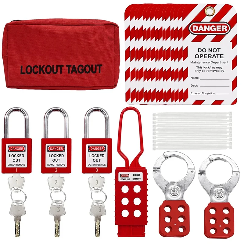 

A19E-Lockout Tagout Kit, нейлоновые завязки, предохранительные замки с номером, застежки для блокировки группы, универсальный комплект с красной карманной сумкой Easy Ins