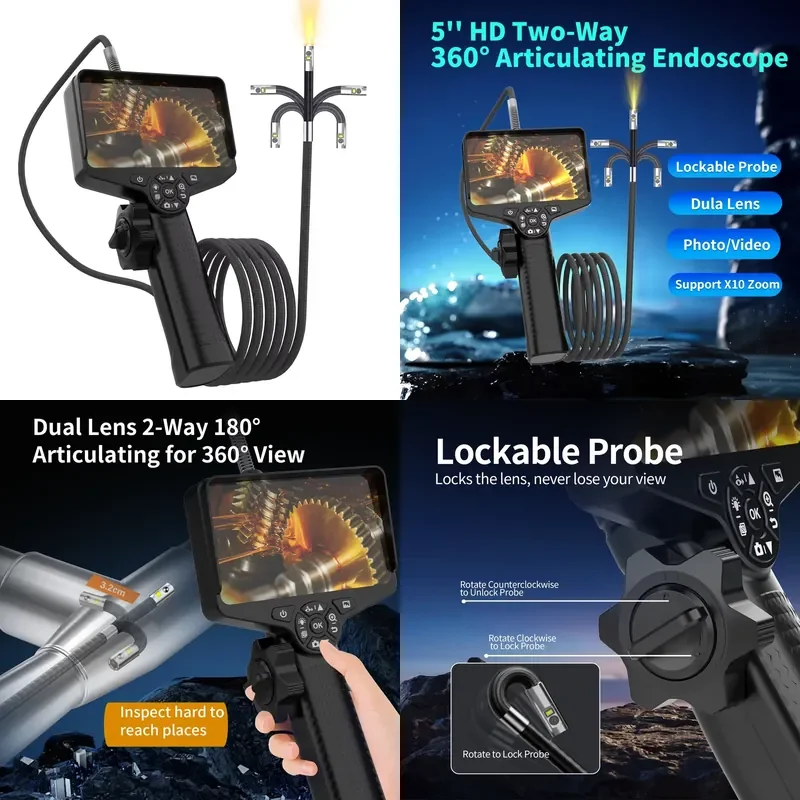 Bidirectional articulated pipe with adjustable LED light 5-inch IPS display 32GB industrial