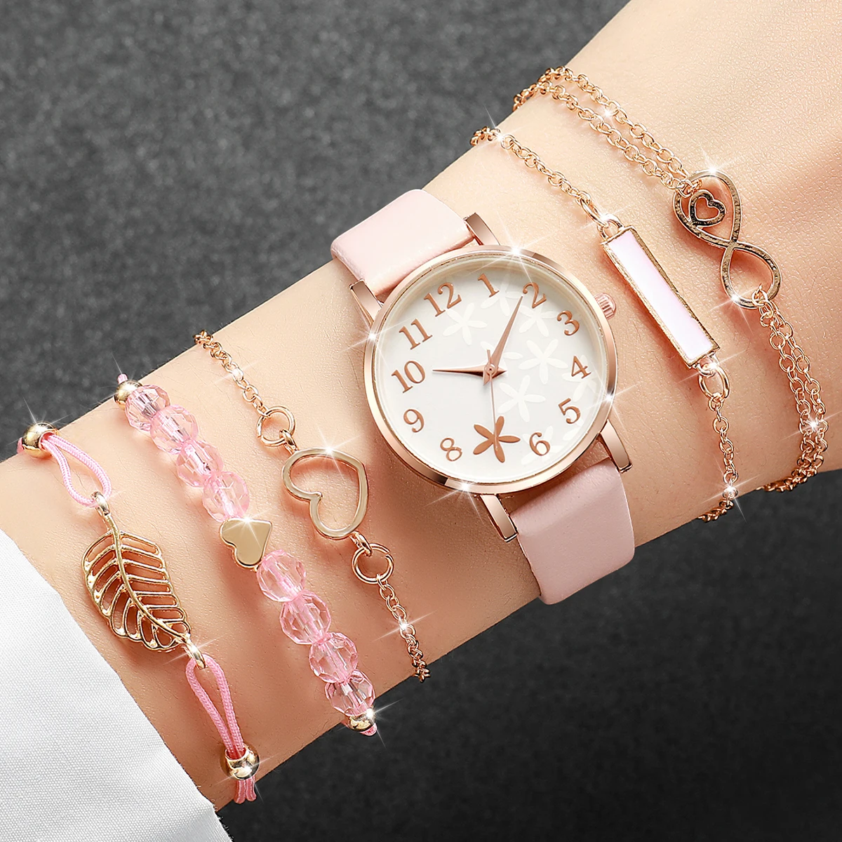 6pcs/set Ladies Women Fashion PU Leather Flower Dial Quartz Watch with Pink Bracelet Set（Box not Included）