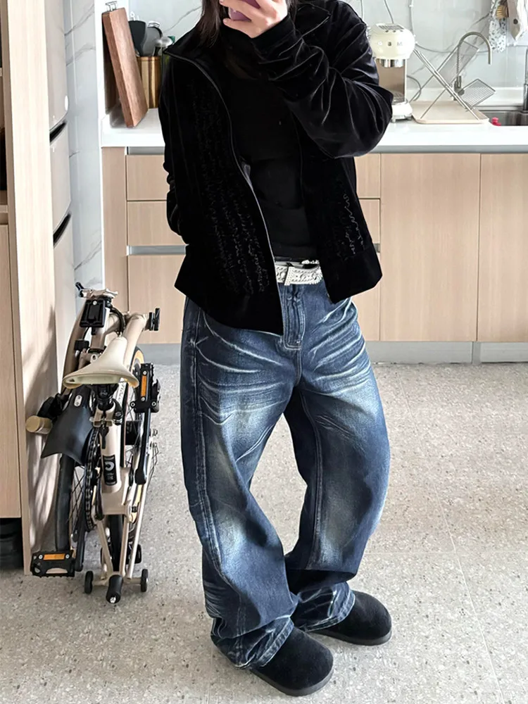 

Женские джинсы с принтом кошачьих усов, широкие брюки в стиле ретро, уличная одежда, модные спортивные штаны, женские брюки унисекс с высокой талией