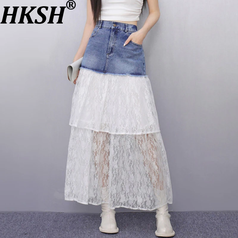 HKSH Women Skirt Denim Patchwork Lace Color Block American Retro A-line Slimming Chic Y2K Casual Sweet Skirts New Summer HK20979