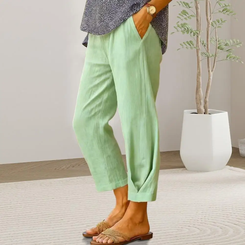 

Women Pants Mid-rise Elastic Waist Solid Color Casual Trousers with Pockets Loose Fit Leisure Pants Work Travel Daily Wear