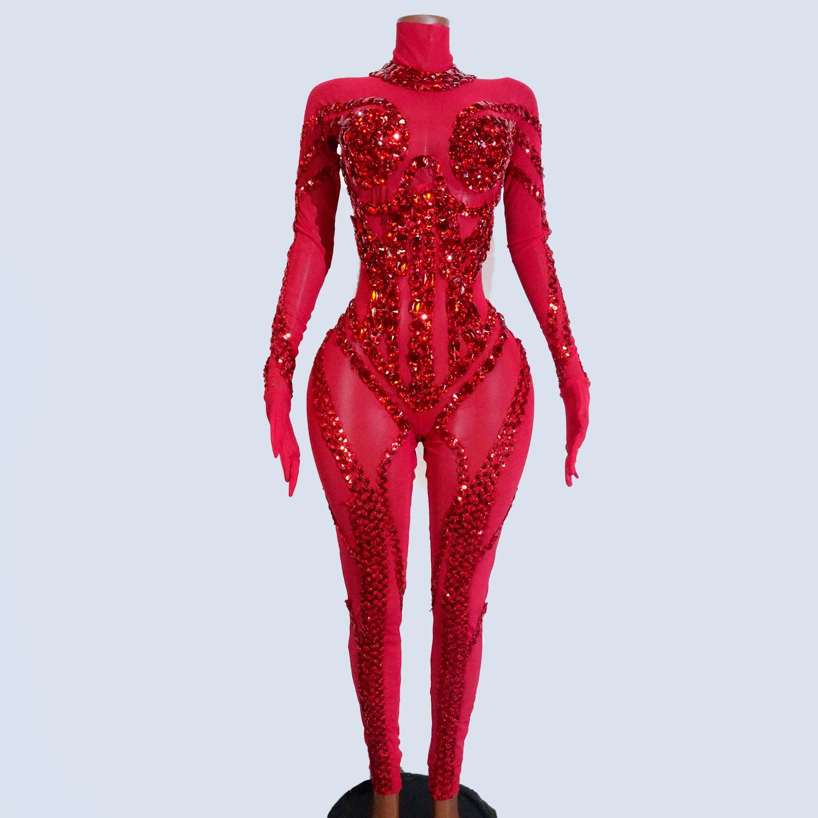 

Women Sexy Red Rhinestone Jumpsuit Stage Performance Costume Bar Club Birthday Party Singer Show Leotard Gogo Drag Queen Outfits