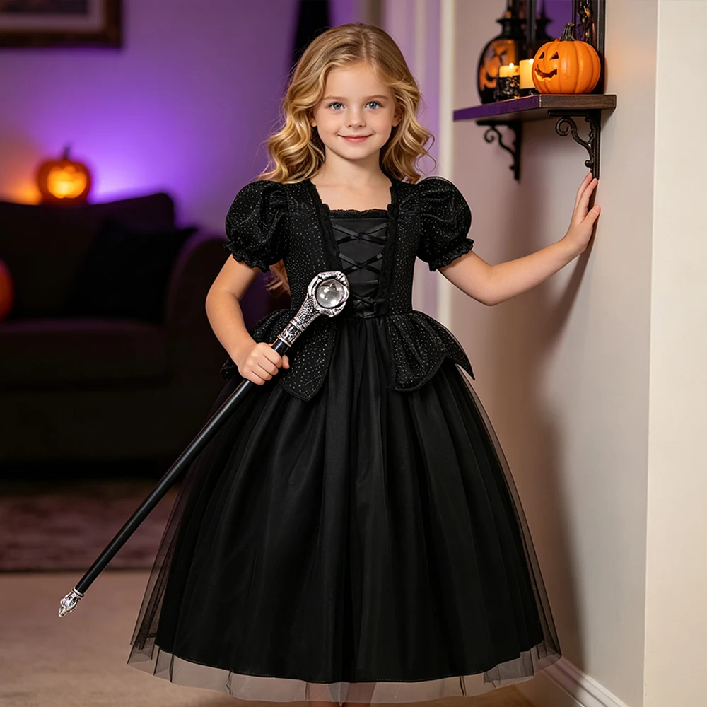 Schwarzes Hexen-Cosplay-Kleid für Mädchen, Kinder-Halloween-Kostüm, Böse-Königin-Verkleidung, Dunkles Thema, Geburtstags-Rollenspiel-Partykleid – Detail 10