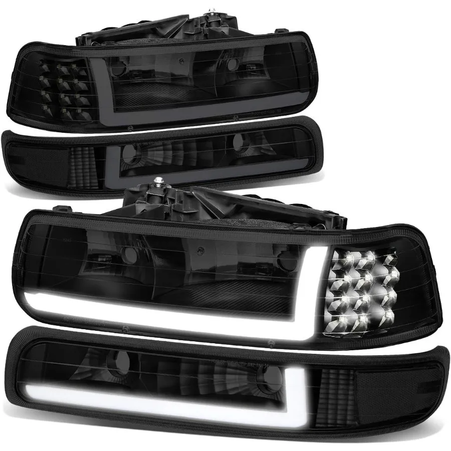 

4 шт. светодиодные фары DRL в сборе и лампы бампера для Chevrolet Silverado Suburban 1500 2500 3500 Tahoe 1999-2006, дымчатые линзы Cl