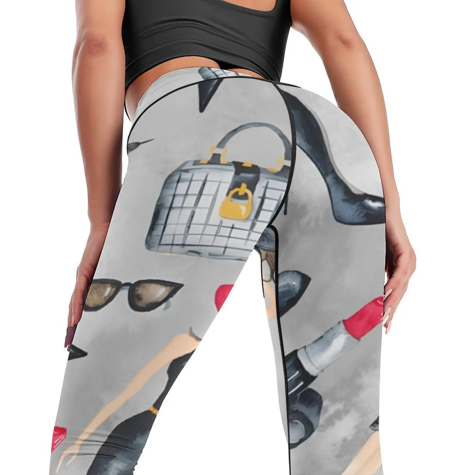 Calças de ioga com impressão de elementos da moda, leggings de treino de controle de estiramento de cintura alta feminina