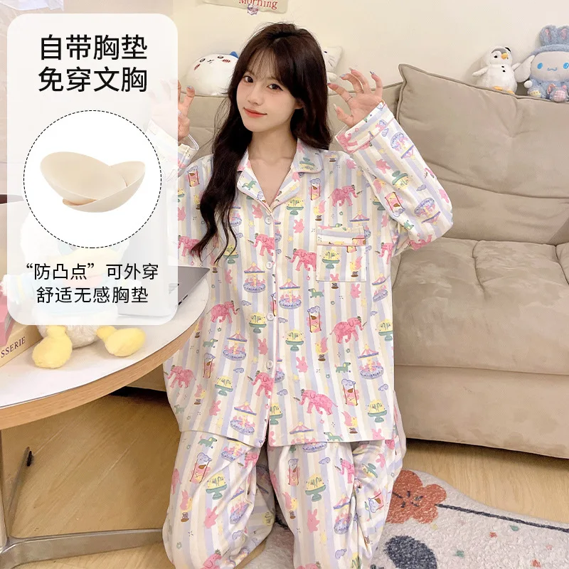 Sleepwear Women's Clothing Suits Autumn Thin New Cardigan Chest Pad Home Soft Simple Cozy Loose Slim Casual Casual Cool Cartoon