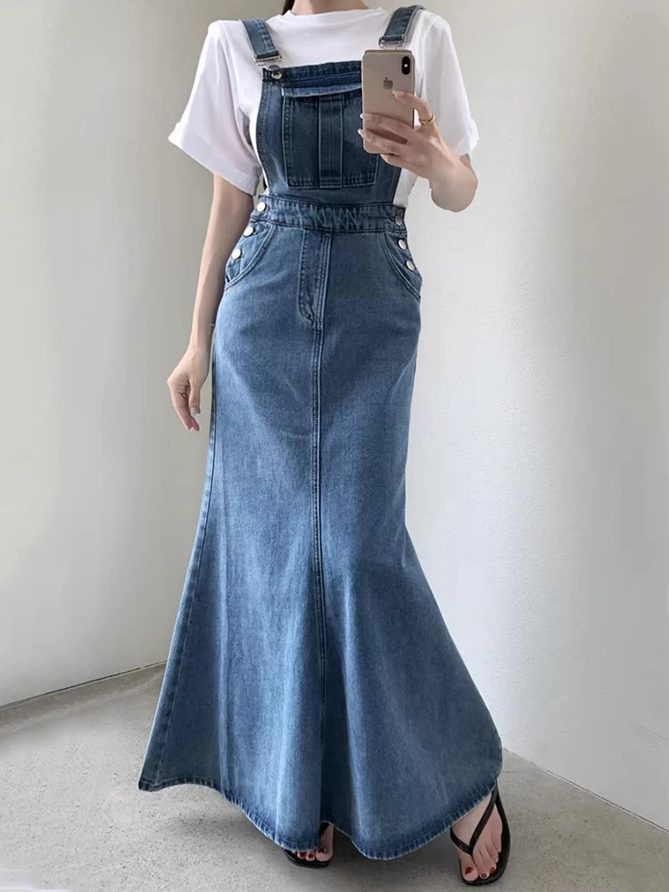 

Женский джинсовый комбинезон с расклешенным подолом, юбка с широкими бретелями, дизайн с несколькими пуговицами, многослойные платья с рыбьим хвостом, повседневная одежда