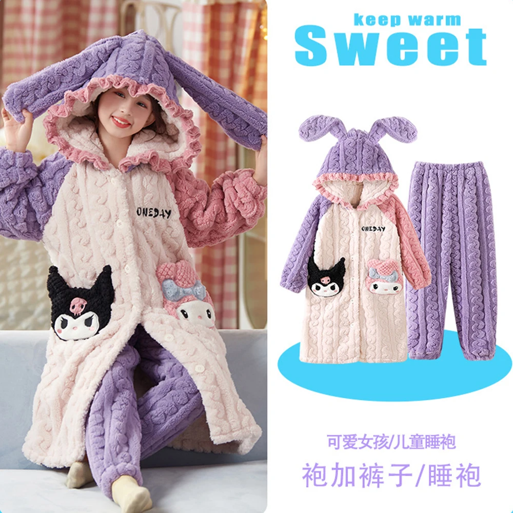 Hellokitty Anime Sanrios Cinnamoroll Kuromi Parent-Child New Plush Pajamas Autumn Winter Kawaii Girl Kids Warm Bathrobe Homewear