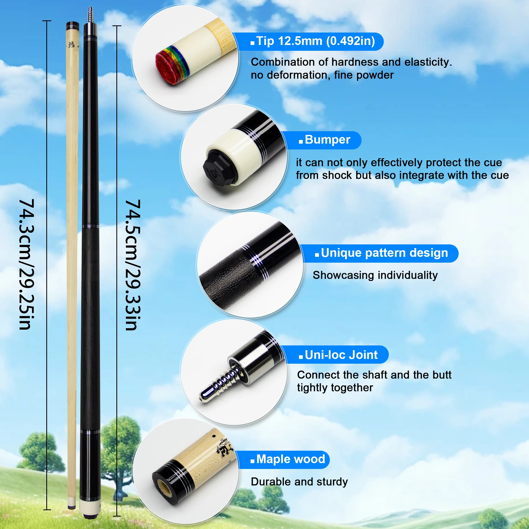 

1.50m/59in High-End Pool Cue Maple Double-Section Billiard Design 13MM Big Head PU Leather Grip Sweat-Proof