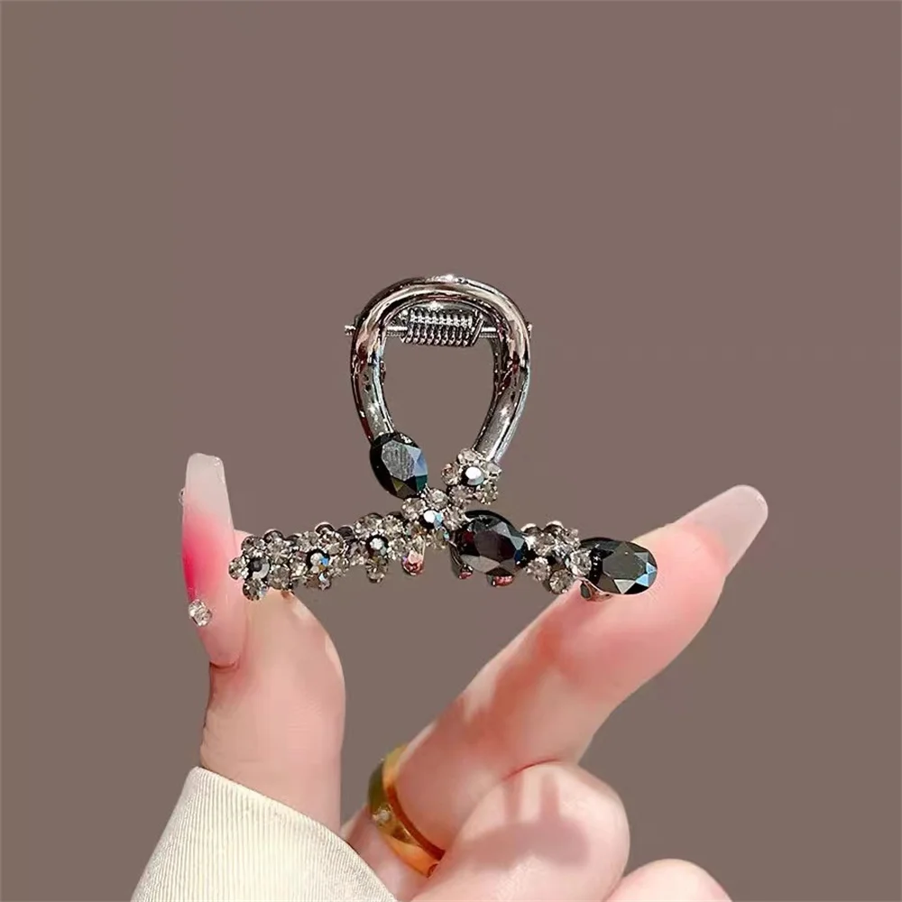 Black Alloy Rhinestone Hair Clip Crystal Flower Claw Clip For Women Half Updo Wedding Party Accessory Gift