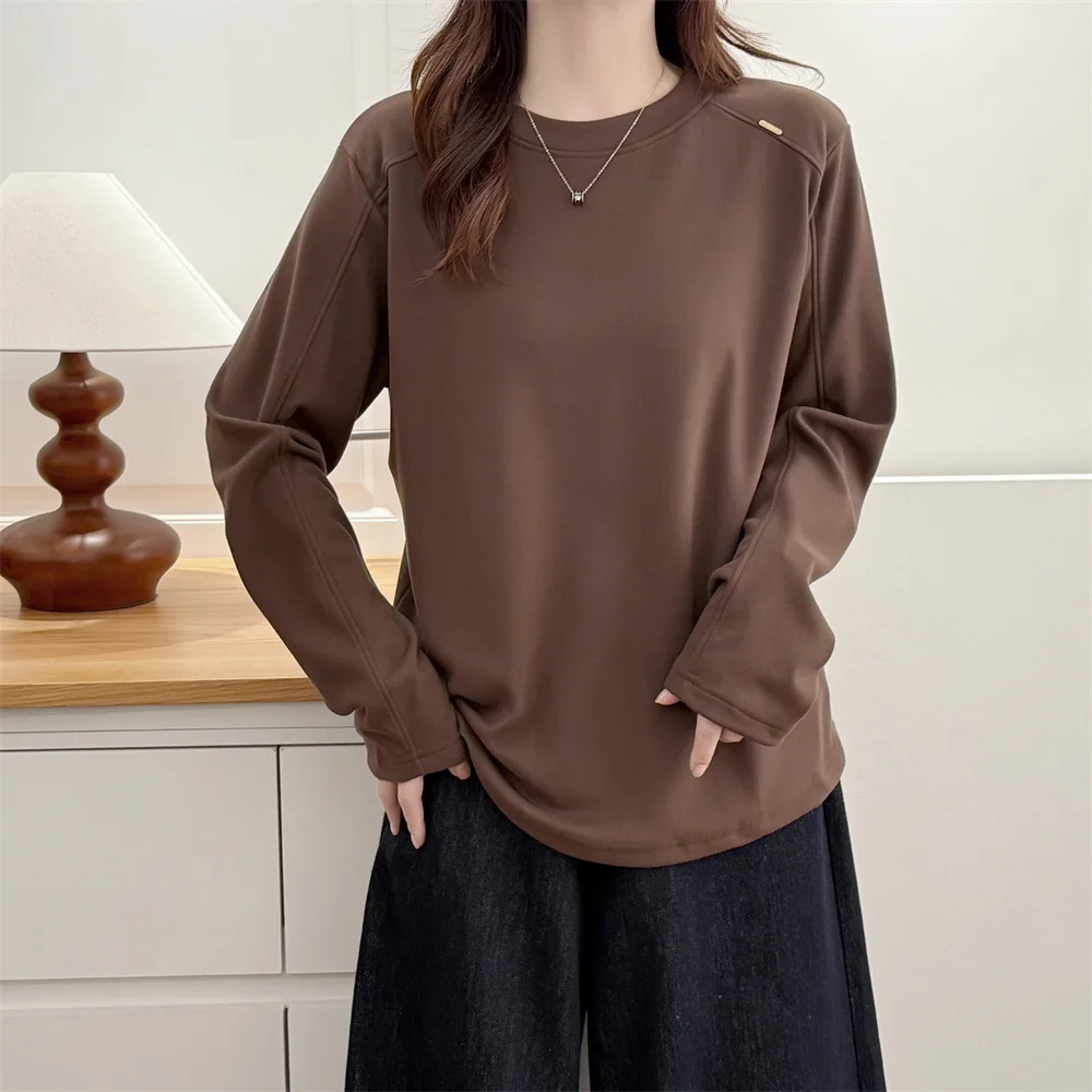 

XXXXL модная женская футболка больших размеров, осень-зима 2025, простые однотонные флисовые теплые утолщенные базовые топы с длинными рукавами 7056