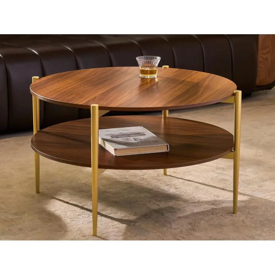 Mesa de centro redonda de vidrio, diseño moderno de mediados de siglo, D30 x H17 pulgadas, mesa redonda de dos niveles con estantes de MDF de nogal, elegante cono