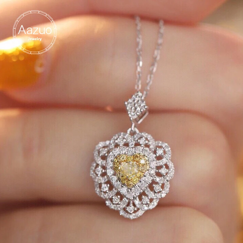 Aazuo 18K Gold Premium Jewelry Real Yellow &White Diamonds Lovely Heart Shape Necklace With Chain gifted for Women 18 Inch Au750