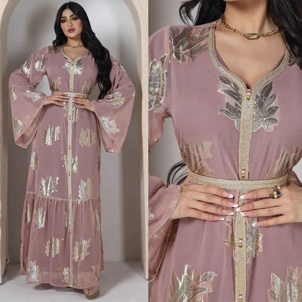 

Fashion Plus Size Dress Middle Eastern Dubai Hot Seller Gold Chiffon Muslim Women's Abaya Robe