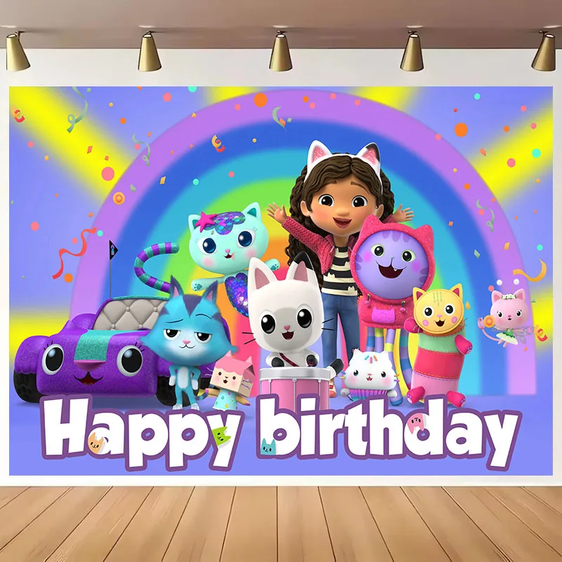 

Cartoon Anime Gabby Dollhouse Happy Birthday Banner Backdrop Kids Party Photography Background Poster Wall Art Home Decor