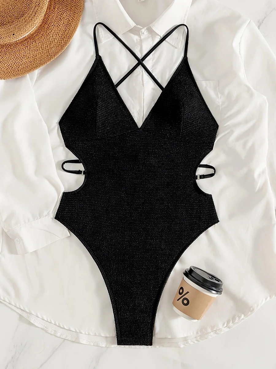 Ribbed Cross Backless V Neck One Piece Swimsuit Women Swimwear Female High Cut Leg Monokini Bather Bathing Suit Swim Beach Wear
