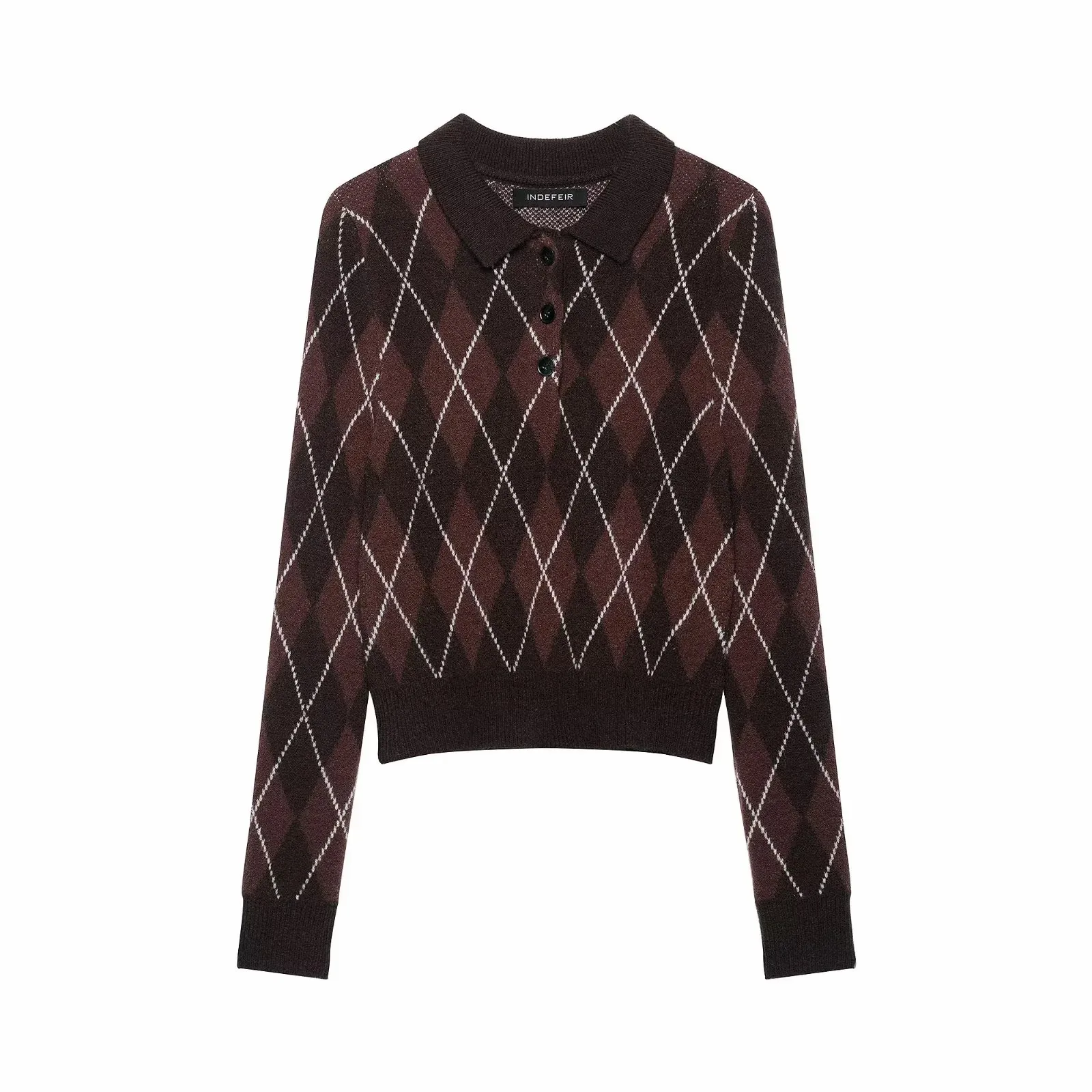 Damen Vintage Diamant Geometrisches Muster Häkel-Strickpullover Weiblicher Schicker Polokragen Schlanker Pullover Mantel Damenoberteile – Detail 4
