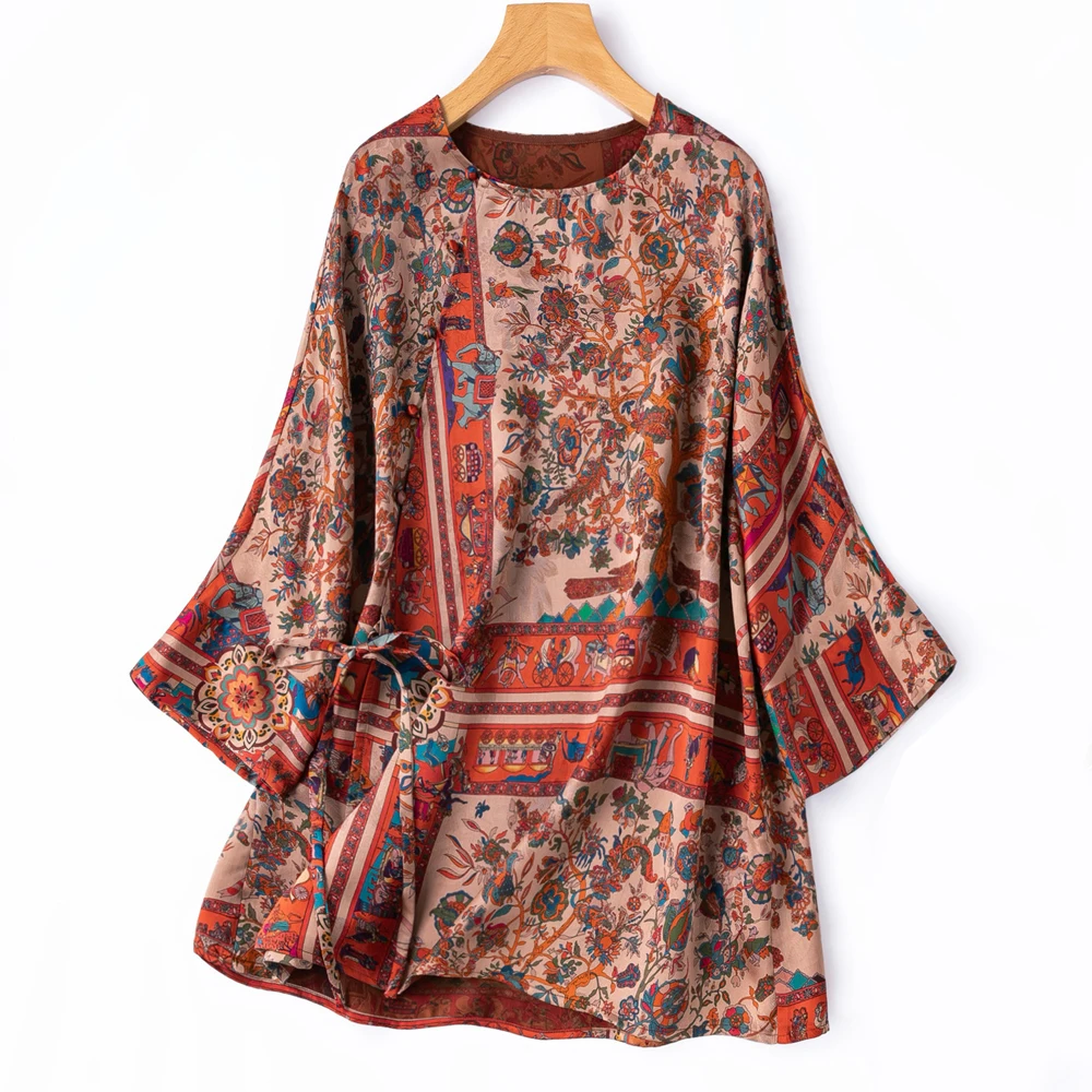 Women's Fashion Summer Clothing Exotic Style 100% Natural Mulberry Silk Gambiered Guangdong Gauze Diagonal Collar Strap T-shirt