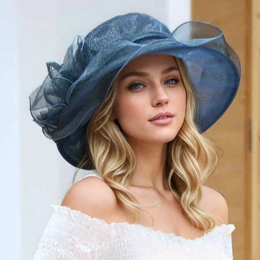 Elegant Women's Sun Hat With Floral Sheer Veil, Wavy Brim, Wide Brim Summer Outdoor Hat - view 4