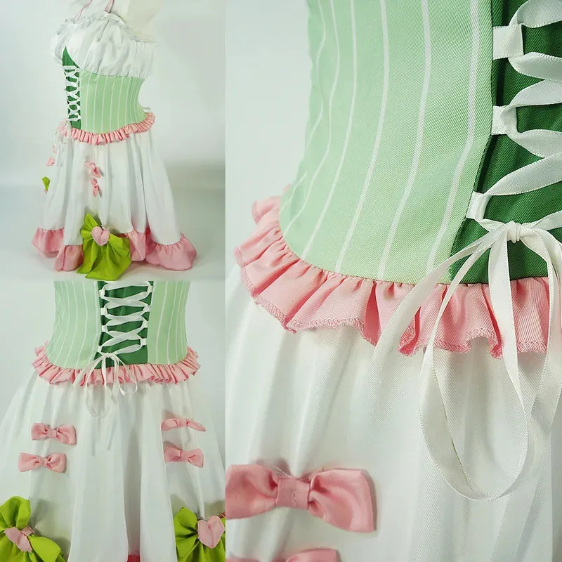 Disfraz de Anime Kanroji Mitsuri, Kokyuu Doujin, vestido de sirvienta con hombros descubiertos, calcetines, peluca, traje de fiesta de Carnaval Kawaii Sexy para mujer if;3