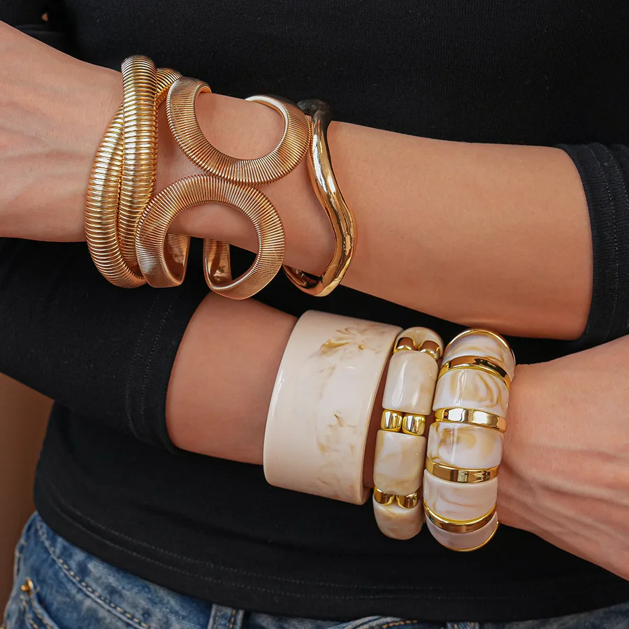 

Exaggerated Thick Resin Acrylic Smudging Bangles for Women Geometric Irregular Metal Wide Cuff Bracelets Bangles Jewelry