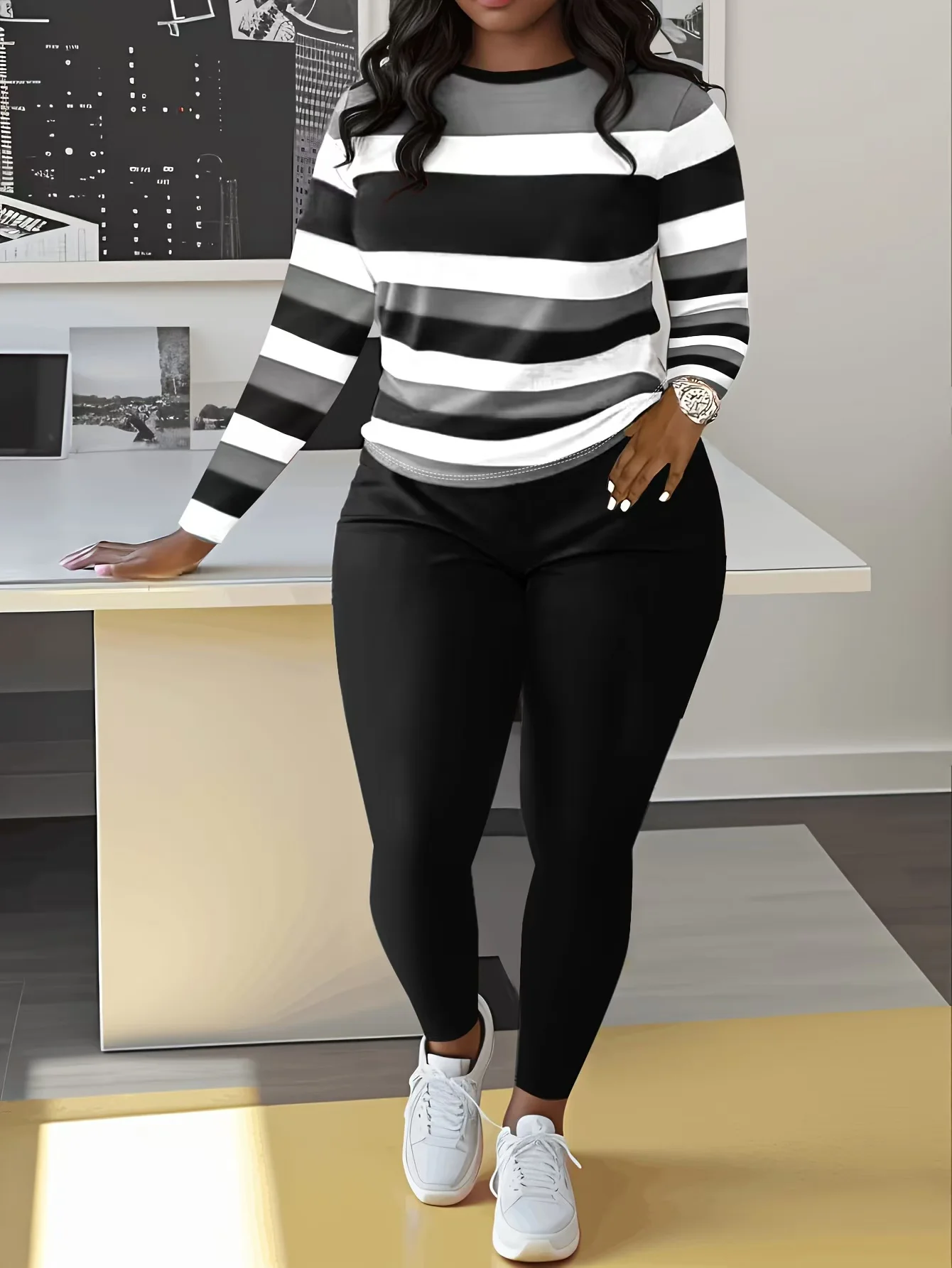 

Комплект из двух предметов: женский повседневный костюм с круглым вырезом, длинными рукавами, в стиле колор-блок, с цифровой печатью, весна-осень 2025