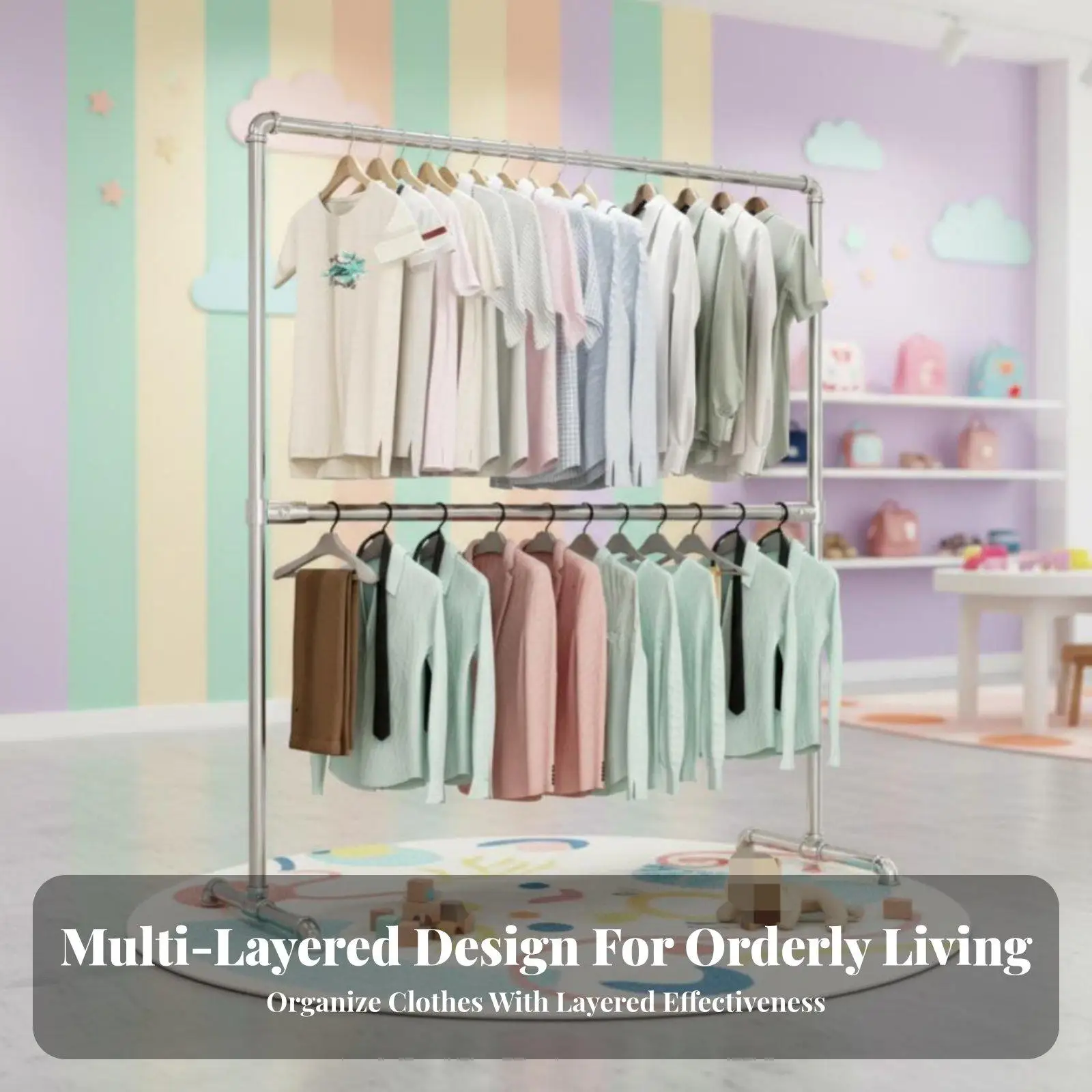 Heavy Duty Clothes Rack Stand on Casters with Two Hanging Bars and Shoe Basket for Closet Space Saving