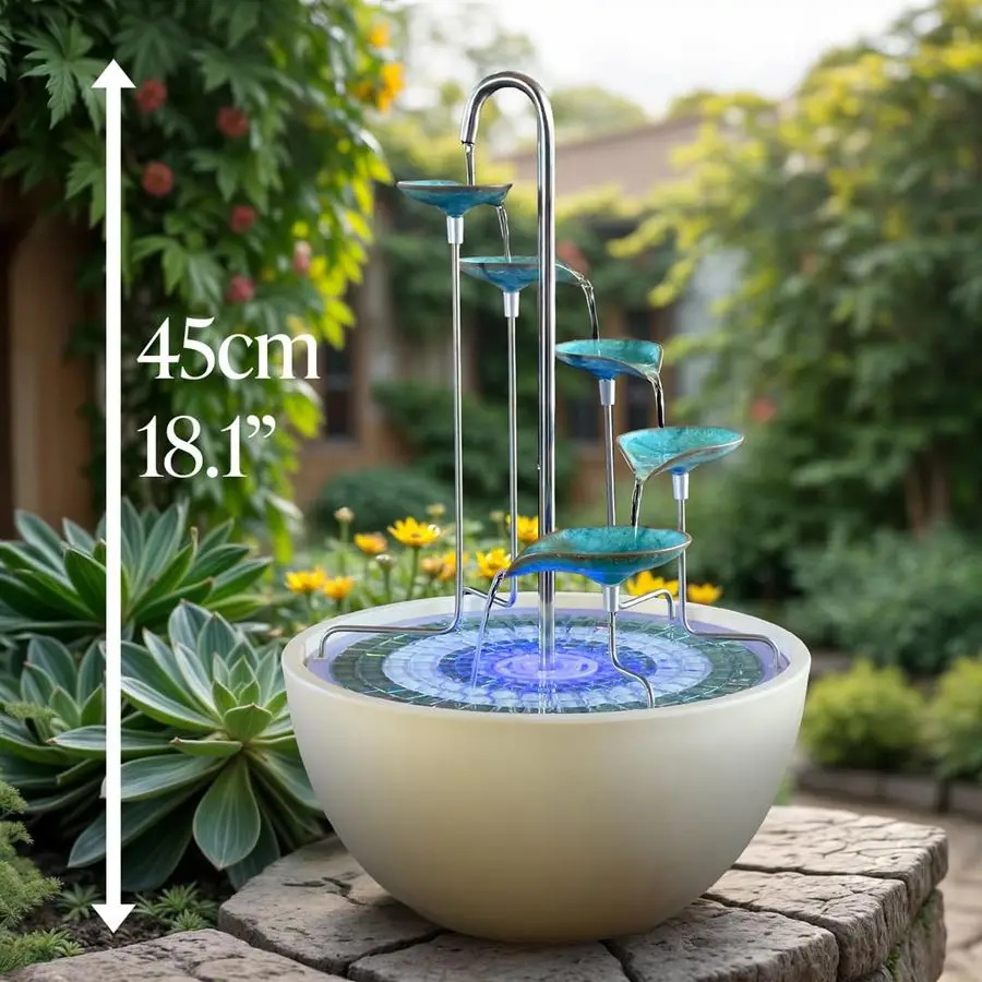 Water Feature Fountain Verdigris Leaf Cascade, Verdigris Mosaic, Porcelain Bowl Included, Up to 100 Hours per Charge,