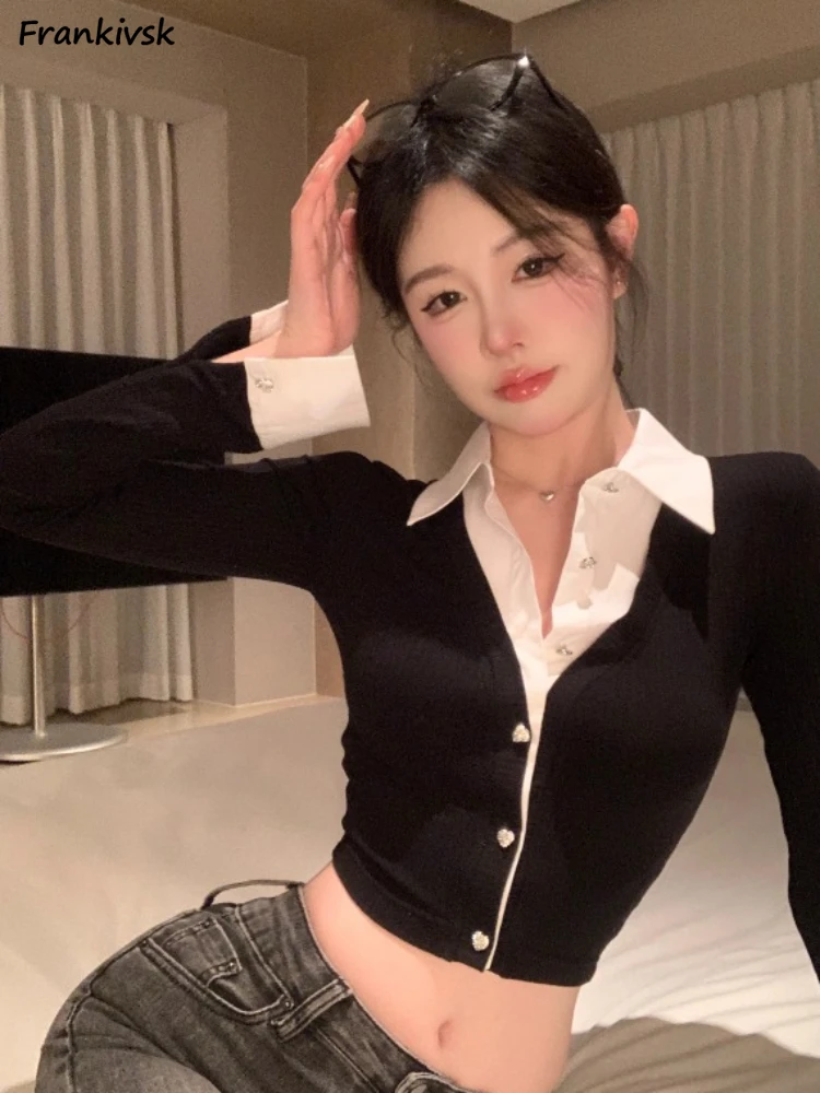 T-shirts Women Minimalist Sexy Aesthetic Delicate Panelled Patchwork All-match Female Clothing Fake Two Pieces Knitted Advanced