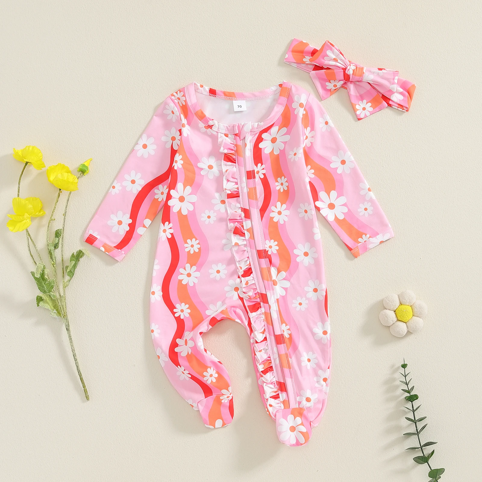 BeQeuewll Princess Floral Print Baby Girl Romper for Fall Children Outfits Long Sleeve Frill Trim Kid Jumpsuit with Headband Set